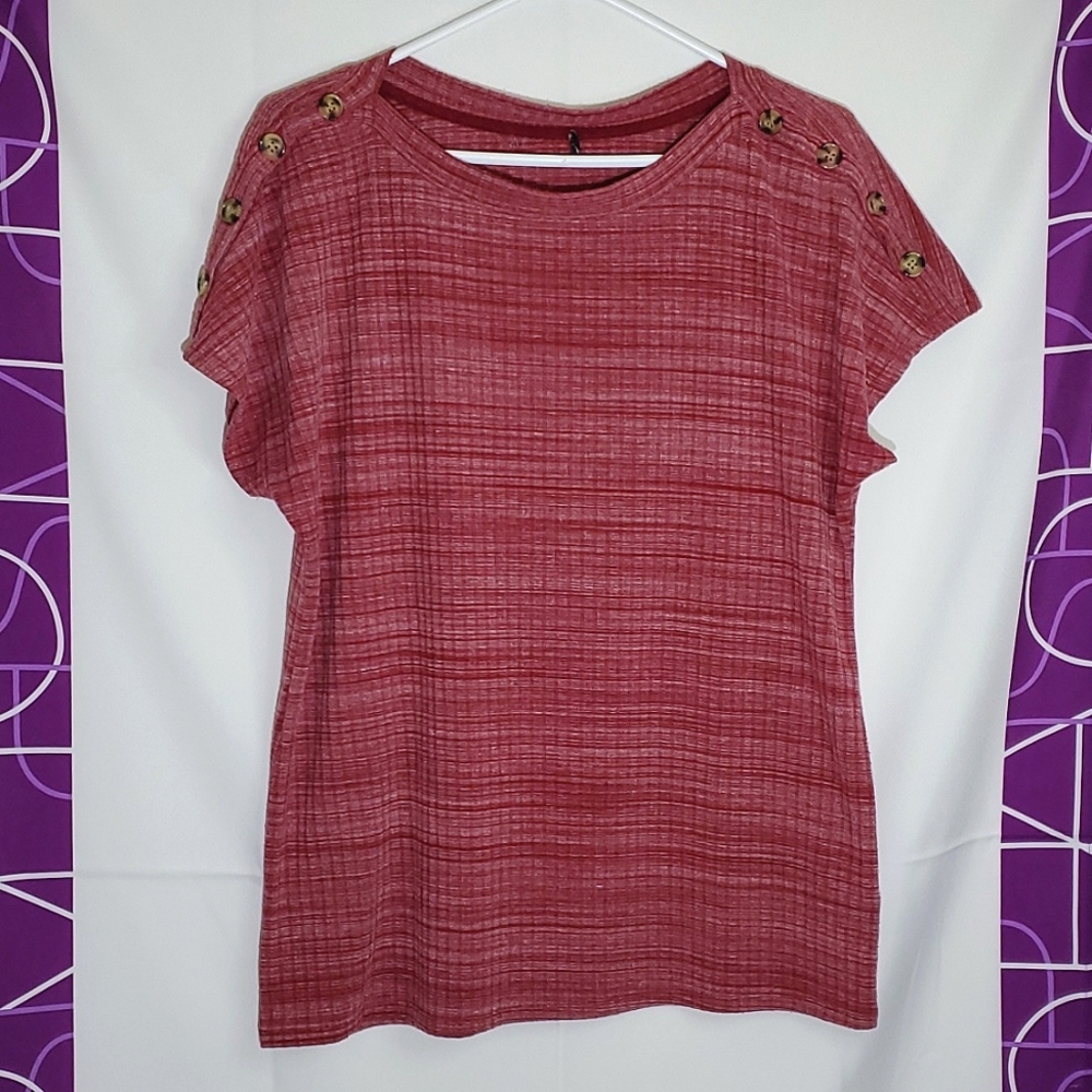Red Rib Knit Lightweight TShirt with Button Shoulder Accents -Large
